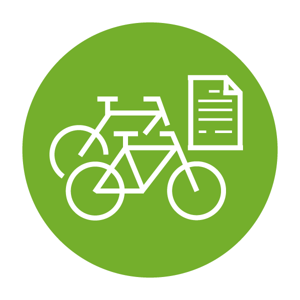 Icon: Fahrrad mit Dokument – Symbol für E-Bike Beratung oder Produktinformationen