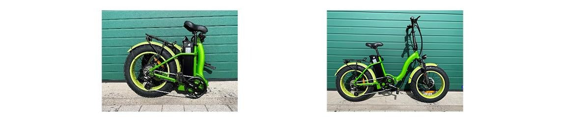 Powerlane Flexx E-Bike grün – zusammengeklappt und aufgeklappt im Vergleich
