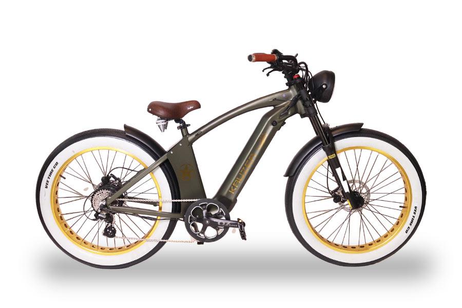 Powerlane Kruzer E-Bike olivgrün goldene Felgen Seitenansicht